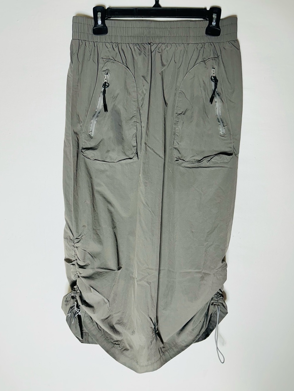 Alison Sheri Green Grey Parachute Cargo Midi Skirt Ruched Drawstring M Grunge